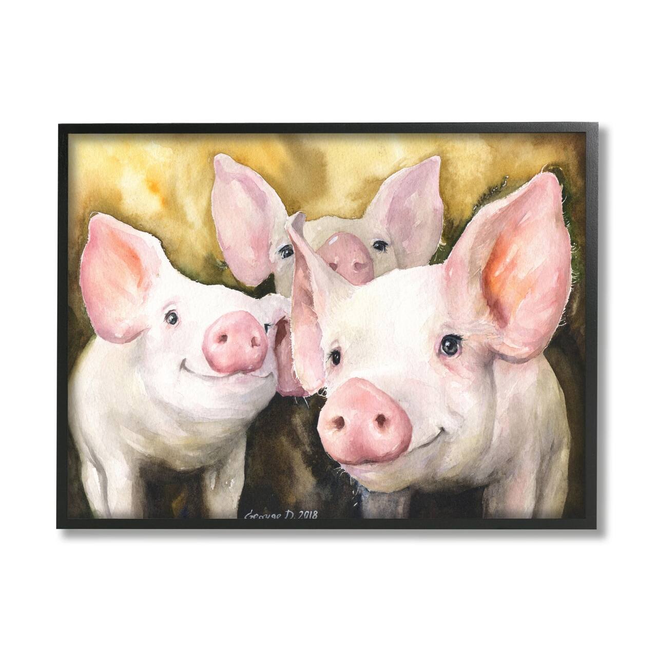 Stupell Industries Baby Pigs Animal Yellow Watercolor Painting Framed Wall Art